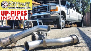 2001 F350 73  RiffRaff UpPipes Install  Stock up pipes leaking and falling apart JUNK SP [upl. by Bergerac145]