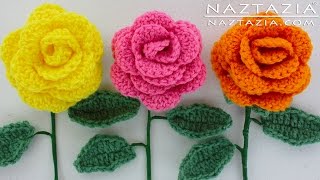 HOW to CROCHET a BEGINNER EASY FLOWER  DIY Rose Rosas Bouquet Flowers Leaf Leaves Stem Tutorial [upl. by Aramak]