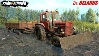 SnowRunner  MTZ 82 Tractor With Trailer Driving Through Mud [upl. by Yeznil]